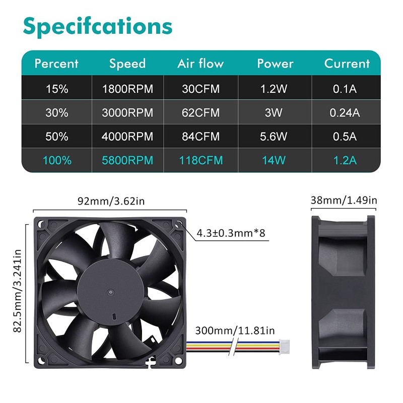 Wathai 92mm x 38mm 90mm Dual Ball 12V High Airflow