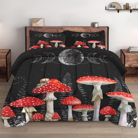 WeCozy 3 Pcs Comforter Set Queen Size with 2 Pillowcases, Mushroom Wildflower Dandelion Bedding Set for Kids and Adults, Flower Summer Moon Phases Soft Comforter Set for Bedroom Bed Decor