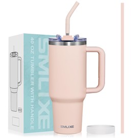 SMLIXE 40 oz Tumbler with Handle and Straw Lid,Insulated Reusable Stainless Steel Water Bottle Travel Mug，Cupholder Friendly Double Wall Vacuum Sealed Cup (Rose Quartz)