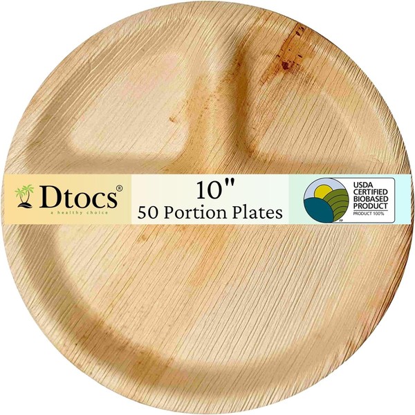 Dtocs Compartment Plates (50 Pcs) Palm Leaf Plate 10 Inch Round Portion Control Plates | Bamboo Plate Like 3 Section Plates Stronger Heavy Duty Paper Plates, Styrofoam Disposable Plates