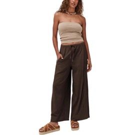 Faleave Women's Linen Palazzo Pants Summer Wide Leg High Waist Casual Lounge Pant Trousers with Pocket(Coffee-S)