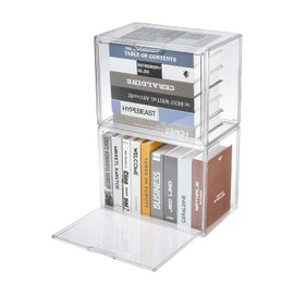 FABROK 2Pcs Clear Book Storage Organizer Box, Plastic Stackable Book Display Case with Magnetic Door, Assemble Storage Showcase for Toy Dolls, Books, Shoes Organizing