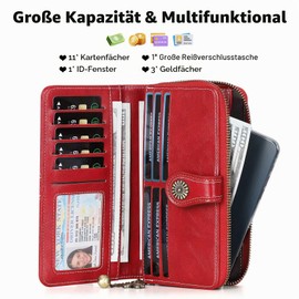 RRANCharltu Women's Leather Purse Large Long Format Large Purse with Zip Press Stud and Many Compartments