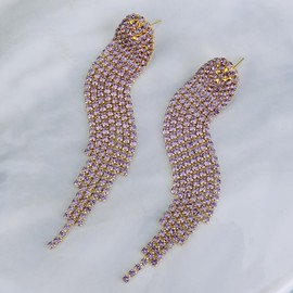 Mlouye Gold Tone Lavender Rhinestone Earrings Dangling for Women Long Chandelier Earrings Tassel Fringe Crystals Dangle Earring
