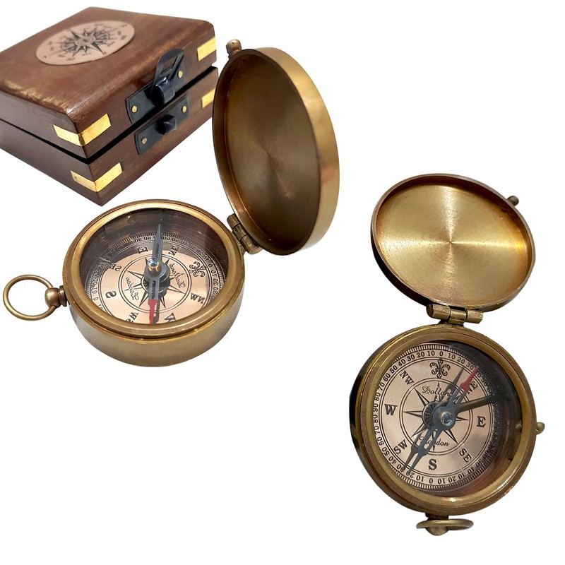 Antique Brass Compass Functional Direction Sailor Article Brown Wood Royal