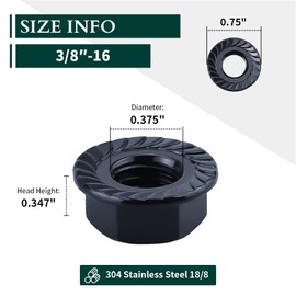 3/8"-16 Hex Head Serrated Flange Nuts, 304 Stainless Steel 18-8 Hexagon Head Flange Nuts for Home Automotive DIYer, Black Oxide Finish, Hex Drive, 50 PCS