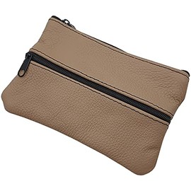 myledershop Large Cowhide Leather Key Case with 3 Zip Compartments (Dark Beige)