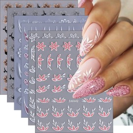 6Pcs Glitter Flower French Tip Nail Art Stickers Pink Silver Floral Petals Leaf Nail Decals Daisy Hibiscus Flower Nail Stickers Cherry Blossoms Nail Design Supplies Spring Nail Decoration for Women