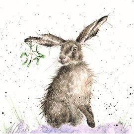 Wrendale Designs Festive Hare Print on White Square Canvas 20 Centimetre Mistletoe