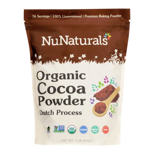 NuNaturals Organic Cocoa Powder, Premium Dutch-Process For Drinking and Baking, 1 lb