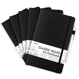 5 Pack Notebooks Journals Bulk with 5 Black Pens, Feela A5 Hardcover Notebook Classic Ruled Lined Journal Set with Pen Holder for School Business Journaling Note Taking, 120 GSM, 5.1âx8.3â, Black