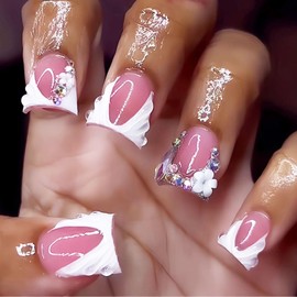 Cosmeria Press On Nails Set Mit 24 Stück Kurze Duck Nails, Niedliche Blumen Und Strass Design, Hochwertige Acryl Kunstnägel Für DIY Und Salons