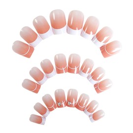 French Tips Press on Nails with White French Design, French Tips Manicure Art Acrylic Medium Coffin Full Cover Fake Nails Stick on Nails Glossy French Tip False Nails Gel Glue on Nail for Women 24Pcs