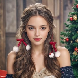 Red Bow Fluffy Fur White Pom Pom Hair Clips & Barrettes 2 Pcs - For Teen Girls Women - Fall Winter Christmas Accessories