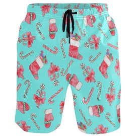 visesunny Christmas Candy Cane Stockings Print Men's Beach Short Swim Trunks Sports Running Bathing Suits with Mesh Lining