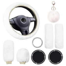 9 Pieces Fluffy Steering Wheel Covers Set, YSLSLOO Furry Steering Wheel Cover for Women Fashion Steering Wheel Cover Soft Steering Wheel Protector Car Decoration Accessories Universal Fit (White)