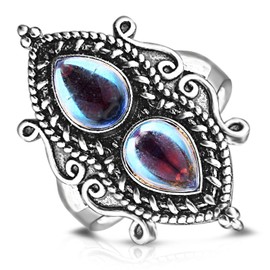 Oval Round Moonstone Cubic Zirconia Turquoise Cocktail Ring for Women,Retro Vintage Thick Silver Plated Wedding Engagement Gemstone Solitaire Ring for Women, silver, Moonstone