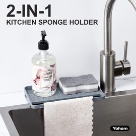 YOHOM Suction Cup Sponge Holder for Kitchen 2-in-1 in Sink Dish Rag Holder for Undermount Sink Plastic Scrubber Sponge Tray Organizer, Installation Size 9.06" L x 3.15" W (Gray)