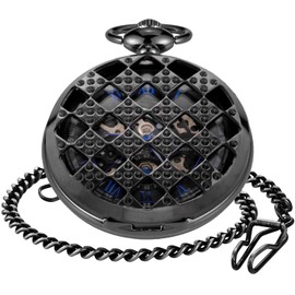 Steampunk Mesh Knotted Black Mechanical Pocket Watch with FOB Chain, Skeleton Hollow Clock for Men with Chain
