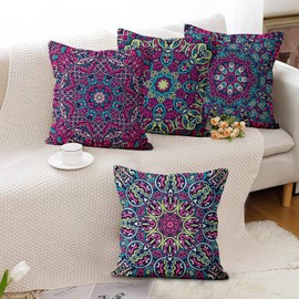 Hnmdmyi Boho Cushion Covers 45 x 45 cm Set of 4, Retro Floral Mandala Compass Medallion Decorative Throw Pillow Covers Bohemian Hippie Linen Pillowcases for Sofa Couch Bed Garden Outdoor Home Decor