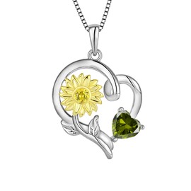 BELRYO Sunflower Necklace Women's Necklace 925 Sterling Silver Heart Shaped Necklaces Birthday Jewelry Sunflower Gifts for Women August Birthstone Peridot Color