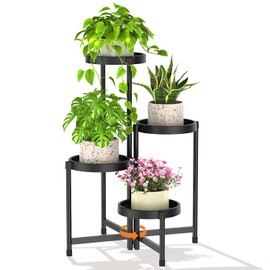 LASZOLA 4 Tiered Folding Plant Stand Indoor for Multiple Large Planter, Tall Heavy Duty Adjustable Rack with Rust Proof Plastic Shelving, Sturdy Vertical Tree Organizer for Narrow Inside Floor, Black