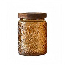 ANSQU Vintage Glass Jar, 23.7 FL OZ Glass Jar with Solid Wood Lid, Loose Tea Storage, Decorative Jar for Kitchen, Laundry Detergent, Coffee, Candy, Cookie Jar, Cute Jar (Yellow, 1 Pack)