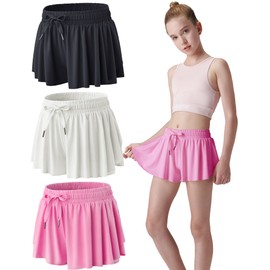 3 Pack Girls Flowy Shorts with Spandex Liner 2-in-1 Youth Butterfly Skirts for Fitness, Running, Sports (Set 2, Youth Large)