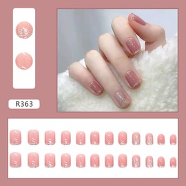 Stick on Nails with Designs, Artificial Fingernails Acrylic Fake Nails for Women, 24Pcs Full Cover Reusable False Nails, Glue on Nails Short Square, Press on Nails Coffin Shape(R363)