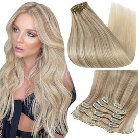Full Shine Balayage Clip in Hair Extensions 16 Inch Ash Blonde Real Hair Extensions Clip in Human Hair Double Weft Clip in Hair Extensions 100 Grams
