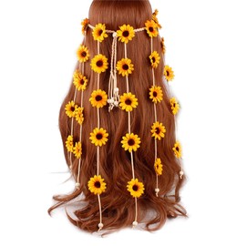 Golden Apple Boho Daisy Headpiece Sunflower Tassel Headbands Fairy Crown Floral Headdress Hippie Festival Party headwear for Women (Yellow, L)