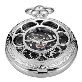 Tiong Sliver Flower Mechanical Hand Winding Pocket Watch, Roman Numeral Dial Skeleton Mechanical Pocket Watches for Men with Chain Gift +Box