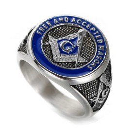 IFUAQZ Men's Stainless Steel Freemason Symbol Masonic Ring Silver Gold Blue Free and Accepted Masons Signet Rings Band, Metal, No Gemstone