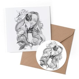 1 x Greeting Card & 10 cm Round Sticker Set - BW - Photographer Girl with Flowers - Birthday Thank You Friend Lover Fan Mum Dad Kids #43348