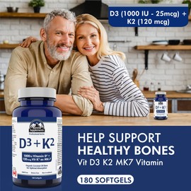 Vitamin D3 and K2 Supplements 180 Softgels - Vit D3 K2 MK7 Vitamin Supplement - D3 K2 Coconut Oil - D3(1000IU-25mcg)+K2(120mcg) - 3rd Party Tested - Formulated & Made in Canada