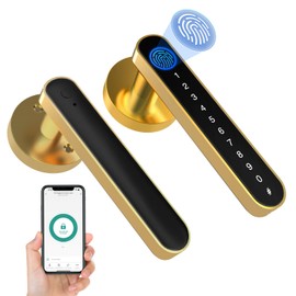eLinkSmart Fingerprint Door Knob Lock, Smart Keyless Entry Door Lock with Code Keypad Handle, Biometric Electronic Security Locking Door Lever Locks for Bedroom Interior Indoor Room - Gold
