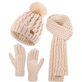 Women Winter Beanie Hat Scarf Gloves Set Pom Hat with Warm Fleece Lined Long Knit Scarf Touchscreen Gloves for Cold Weather Beige
