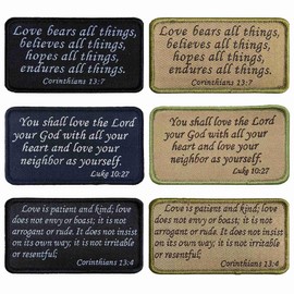6Pcs Bible Verse Patches, Luke 10:27| Corinthians 13:7| Corinthians 13:4 Bible Saying Embroidery Morale Patches Set for Caps Bags Backpacks Tactical Vest