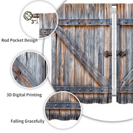 Farmhouse Wooden Barn Door Kitchen Curtains Country Vintage Farm Wood Kitchen Window Curtains Rustic Western Small Short Cafe Tier Curtains Over Sink Drapes Treatment Fabric 2 Panels (26x36 Inch)
