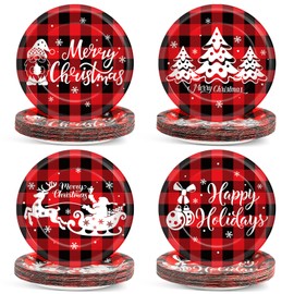 OBUSATT 100 Pcs Christmas Paper Plates Party Decorations Red Black Buffalo Plates 7inch Disposable Merry Christmas Tree Santa Dinner Plates Tableware Set for Xmas Winter Holiday Party Supplies