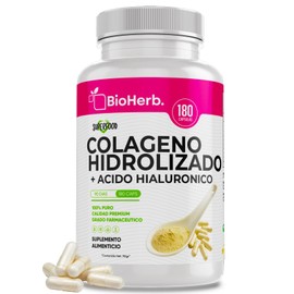 Colageno Hidrolizado + Acido Hialuronico 100% Puros (Con 180 Capsulas 500mg) - [Extremadamente Eficaz] - (Rico en Vitamina A, E, C y B6) - Elasticidad de la Piel y Articulaciones - (Para 90 Dias de Consumo) BioHerb