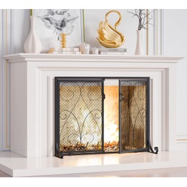 Kingson 2-Panel Fireplace Screen with Doors Handcrafted Wrought Iron Decorative Mesh, Symmetric Scroll Fire Spark Guard-Black