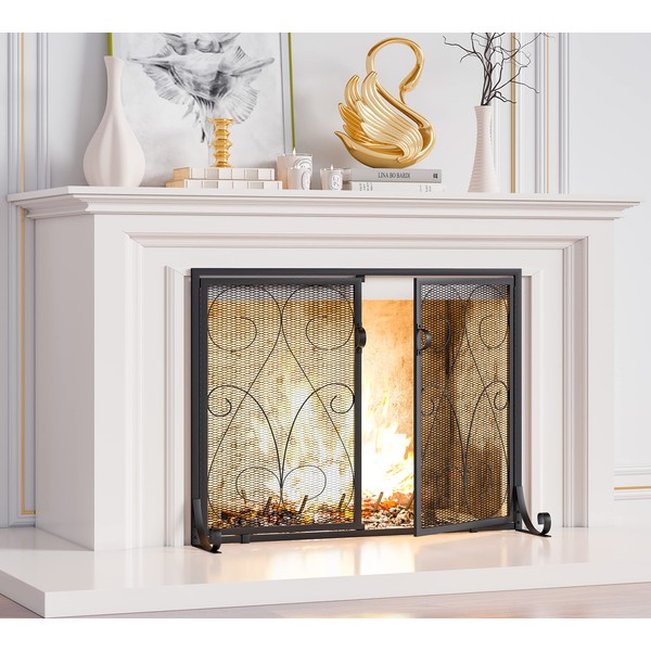 Kingson 2-Panel Fireplace Screen with Doors Handcrafted Wrought Iron Decorative