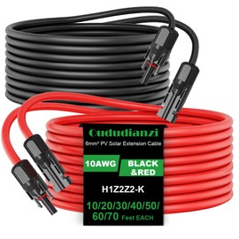 Oududianzi 20 Feet 10AWG Solar Extension Cable, 6mm² Solar Panel Extension Cable with Female and Male Waterproof Connectors for Solar Systems, Car, RV Solar Panels (20FT Red + 20FT Black)