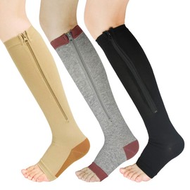 YUSHOW 3 Pairs of Compression Stockings Women Men Support Stockings with Zip 15-20 mmHg Medical Compression Socks Open Toe Compression Socks for Edema, Sports, Running, Black and brown and grey skin