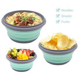 Folding Bowl with Lid, Pack of 3 Foldable Bowls, Camping, Portable Folding Bowl, Camping Accessories, Salad Bowl, Foldable Fruit Salad Bowl for Camping, Hiking, Kitchen, School, Outdoor (Green)