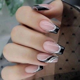 24Pcs French Press On Nails Medium, Coffin False Nails Pink Ballerina Stick on Nails, Removable Glue-on Nails Black Acrylic Full Cover Fake Nails for Women Girls Nail Art Accessories