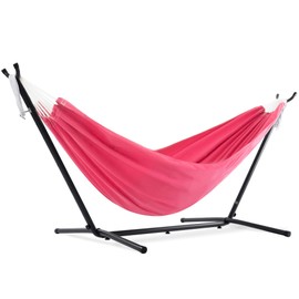Vivere Double Polyester Hammock with 9ft Space Saving Steel Stand (450 lb Capacity - Premium Carry Bag Included) (Hot Pink)