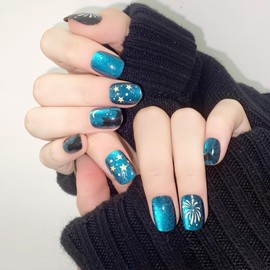 Magnetic Nail Tips, Short, Blue, 24 Pieces, Fake Nails, Short, Cat Eye, Starry Sky, Kittens, Fireworks, Fake Nails, Popular Nails, Japanese Style, Cute, Double-Sided Tape, Stylish, Simple, Coming-of-Age Ceremonies, Weddings, School Entrance Ceremonies, G