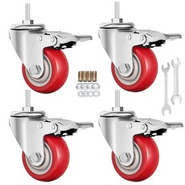 Stem Caster Wheels Heavy Duty Casters PU M8-1.25x1 inch (Stem Diameter 8mm, Stem Length:1 inch) Casters with Brake Dual Locking for Home, Office, Industry use (3 Inch, with Brake-Red)